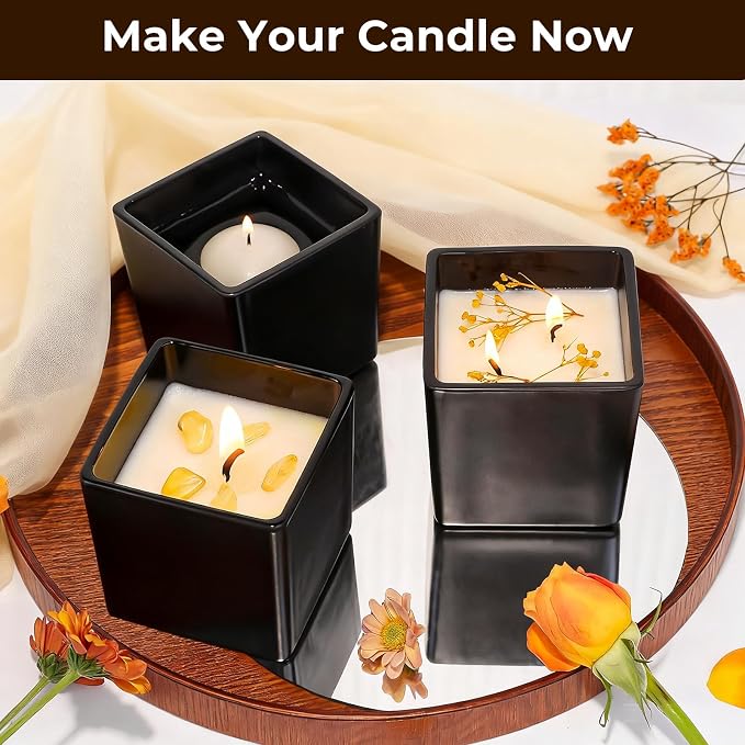 CONNOO 12 Pack 9oz Matte Black Glass Square Candle Jars with Bamboo Lids