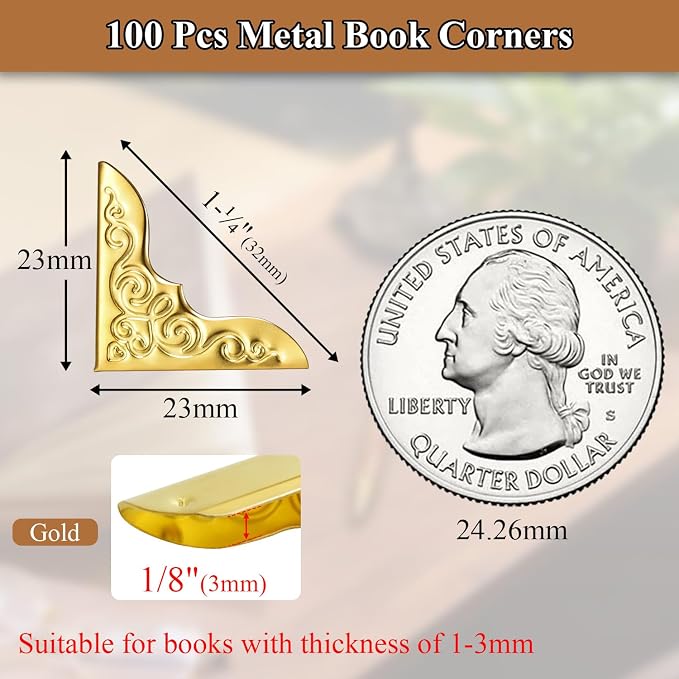 100pcs Metal Book Corner Protectors, Gold Decorative Scrapbooking Photo Mounting Corners, Paperbacks Book Edge Protectors Picture Frame Crafting DIY Crafts, Journal Album Edge Guards