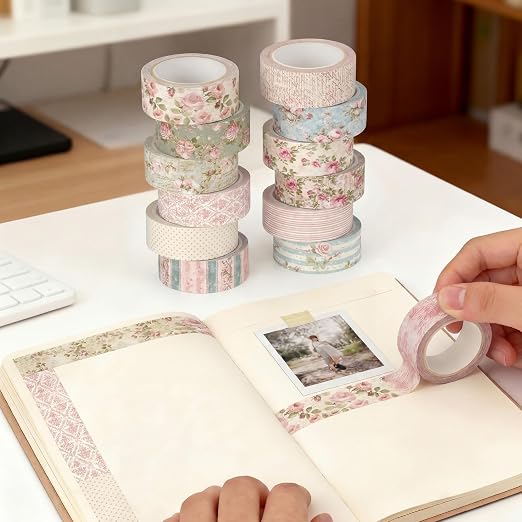 Gueevin 24 Rolls Floral Washi Tapes Set Scrapbook Supplies, Vintage | 15 mm Watercolor Flower Washi Tapes, Back to School DIY Craft Arts, Junk Journaling Planner Gift Wrapping Supplies