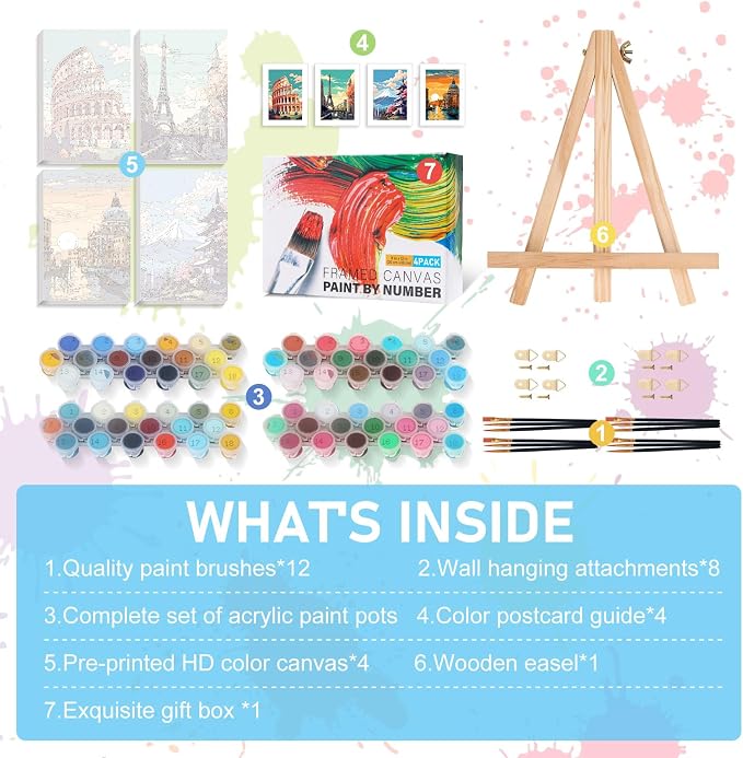4 Pack Framed Paint by Numbers Kit for Adults with Wooden Easel, 8x12 Inch | Travel Cityscape, Easy DIY Acrylic Canvas Craft Kit with Frame for Beginners, Home Decor, Stress Relief Relaxing Hobby Gift