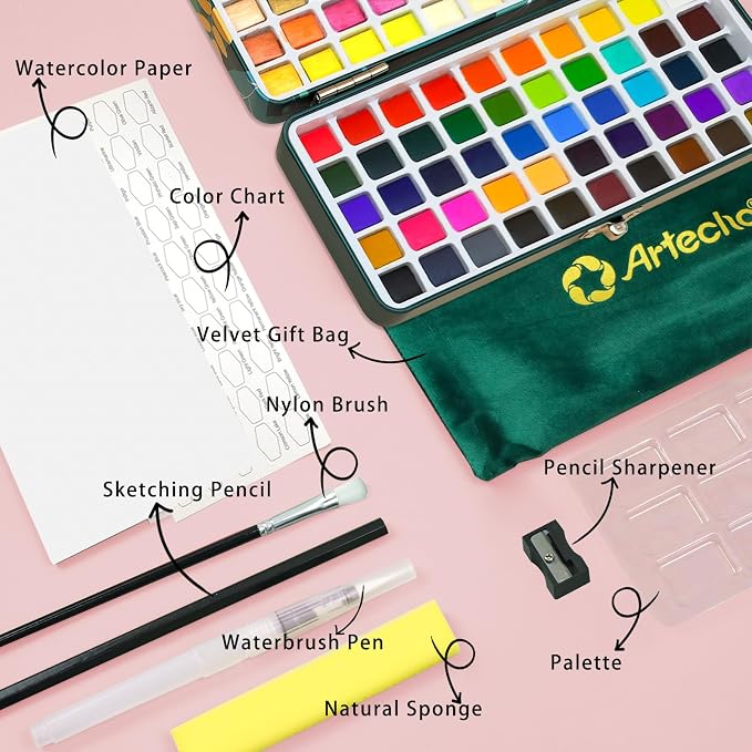 Artecho 100 Colors Watercolor Paint Set with Metallics, Portable Tin Case | 51 Classic, 35 Metallic, 4 Fluorescent & 10 Macaron/Candy Colors; Watercolor Paper and Brushes for On-the-Go Painting