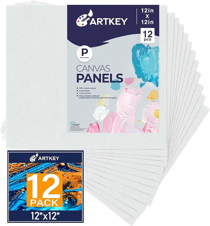 Artkey Canvas for Painting 12x12 Inch 12-Pack, 10 oz Primed 100% Cotton White Blank Canvases Boards for Painting, Art Supplies Paint Canvas Panels for Acrylic Oil Watercolor Tempera Paints