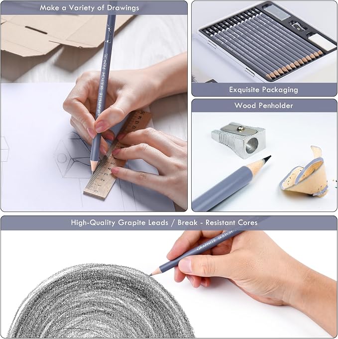 Brusarth Professional Sketch Graphite Pencils for Drawing Set,17 Pcs | Graphite Pencils (4H-10B) for Artists and Beginners, Graphite Sticks,Erasers,Sharpener, Art Pencils for Sketching