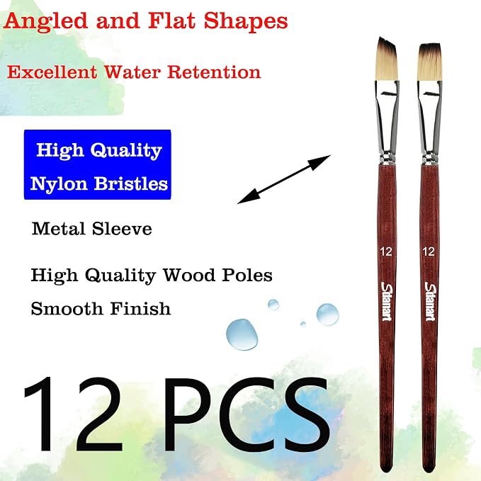 Sdanart Watercolor Brushes 12 PCS,6 Flat Paint Brushes 6 Angular Paintbrush | Watercolor Paint Brush for Watercolors,Acrylics,Oil,Gouache,Ink,Different Size Paintbrushes Perfect for Artists and Beginners