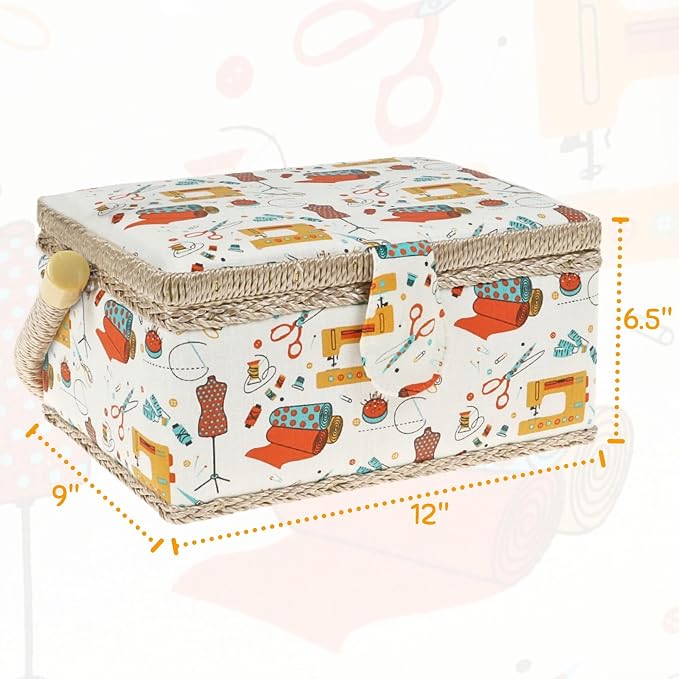 Sewing Basket Large Storage Organizer with Complete Sewing Kit Accessories, Wooden Sewing Box Kits with Removable Tray Tomato Pincushion for Mending, White