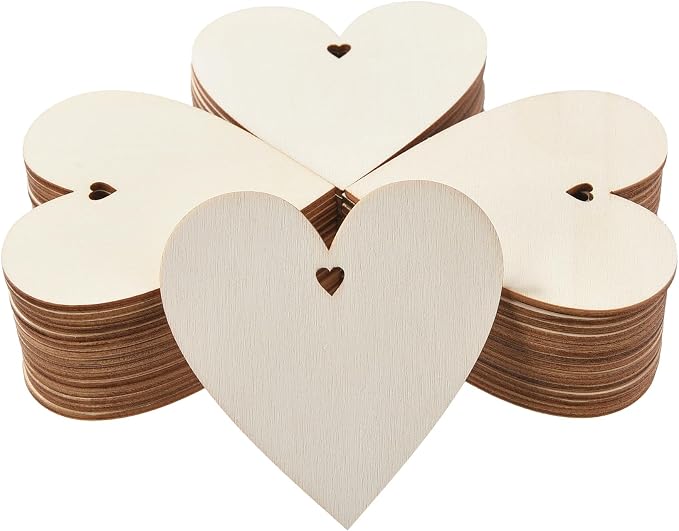 60PCS Unfinished Wood Heart Shape Cutouts with Sling Hole