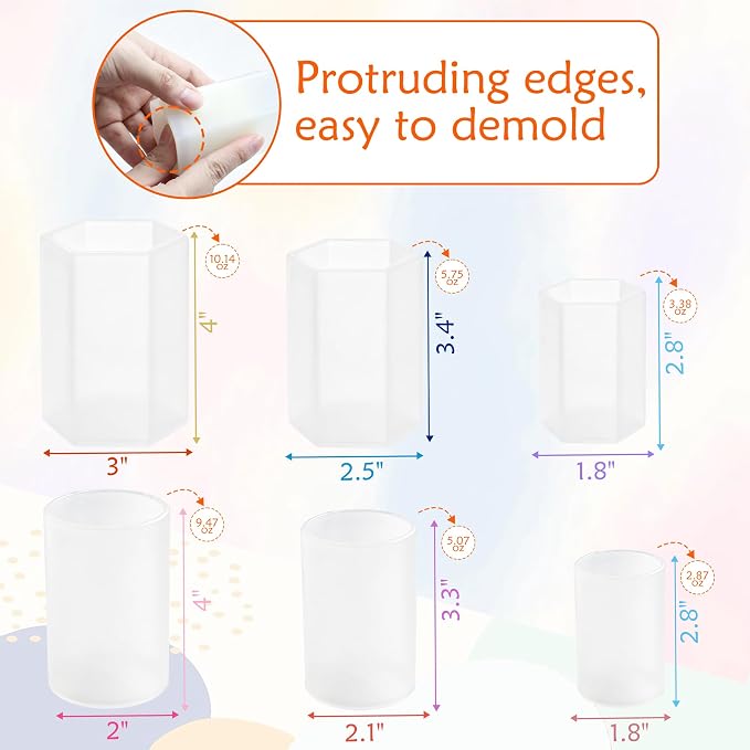 6PCS Reusable Silicone Candle Molds Set - Cylinder & Hexagon Resin Mold for DIY Candle Making, Soap, Resin Crafts, Easy Release Candle Making Kit