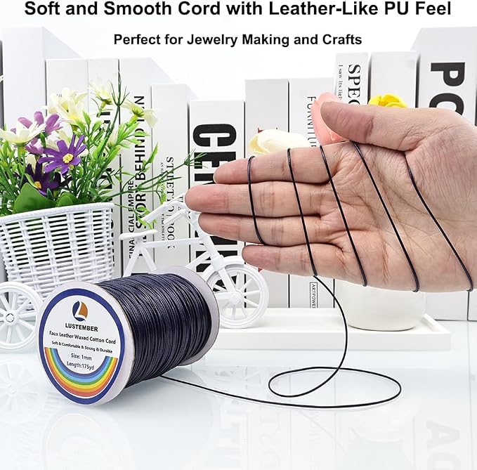 LUSTEMBER 1mm Faux Leather Waxed Cotton Cord, 175 Yards – Durable Necklace String, Soft and Textured Cord for Necklaces, Bracelets, and Jewelry Making