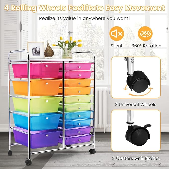 LDAILY 15 Drawer Rolling Storage Cart, Rolling Cart with Drawers for Classroom, Art Supply Craft Organizer on Wheel with Metal Frame & Handles for Home Office School