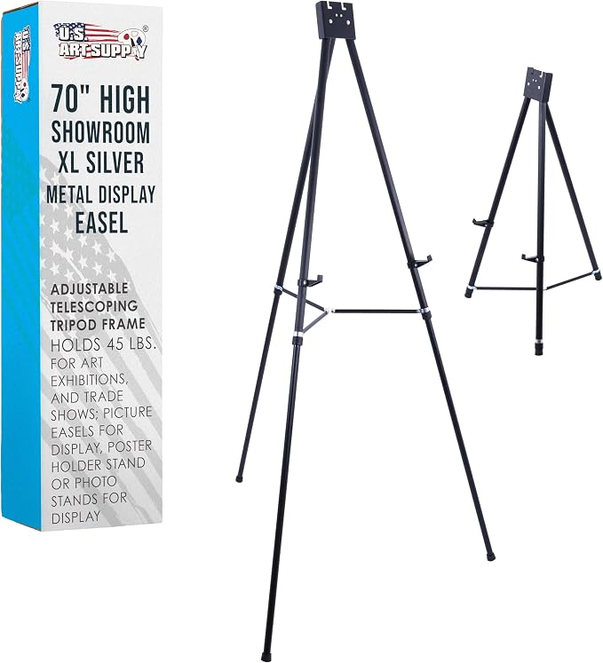 U.S. Art Supply 70" High Showroom XL Silver Metal Display Easel, Large | Adjustable Height Portable Easel Stand, Sign Display, Holds 45 lbs - Floor & Tabletop Easels, Painting Stand