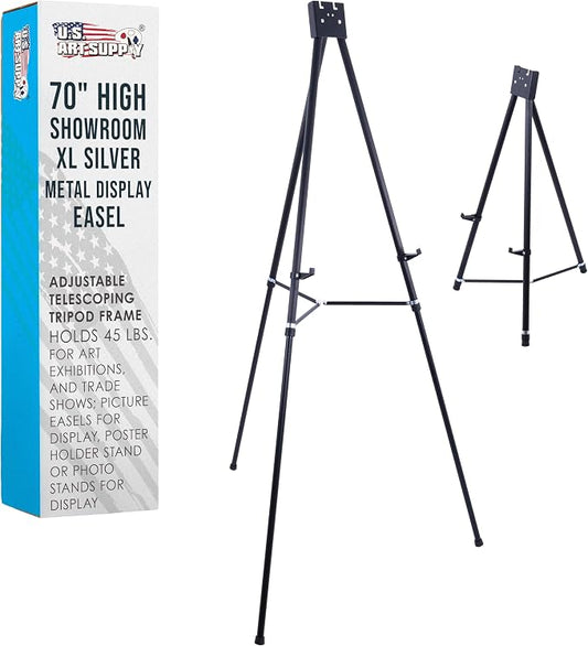 U.S. Art Supply 70" High Showroom XL Silver Metal Display Easel, Large | Adjustable Height Portable Easel Stand, Sign Display, Holds 45 lbs - Floor & Tabletop Easels, Painting Stand