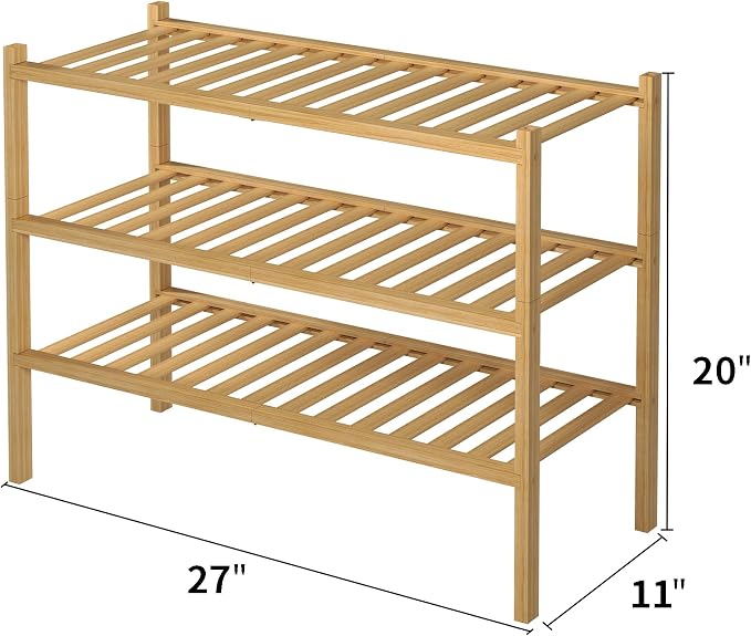 ROMGUAR CRAFT 3 Tier Bamboo Shoe Rack for Closet Free Standing Wood Shoe Shelf Storage Organizer for Entryway Small Space Stackable 27"x11"x20" (Natural) (Pack of 2)