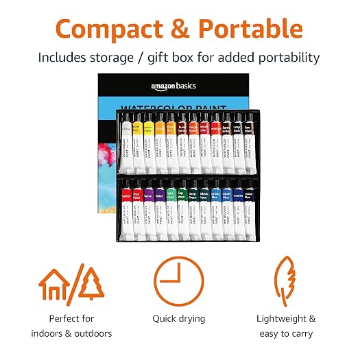 Amazon Basics Vibrant Watercolor Paint Set Tubes, 24 Assorted Colors, 0.4oz, Easy to Mix and Use