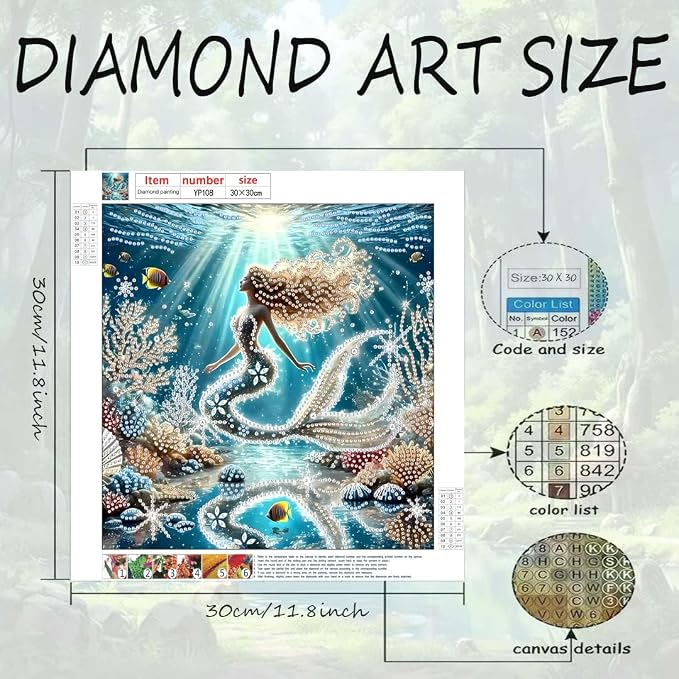 OJTOYART Sea-Maid Diamond Art Kits for Adults, 5D Special ShapeDiamond Art for Beginners，DIY Round Full Drill Diamond Dots,Gem Painting for Adults Crafts Home Wall Decor 11.8 x 11.8 Inch
