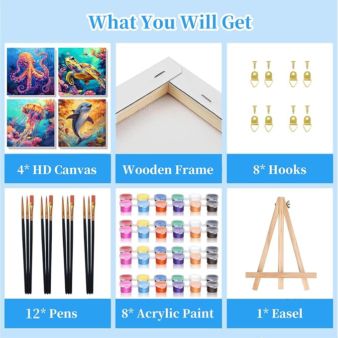 Arttoplus 4 Pack Paint by Numbers Kit for Kids with Frame Sea Animal 8x8in | Sea Animals Kids Paint by Numbers Ages 4-8-12 with Wooden Easel, Easy Oil Painting by Number for Gift Home Wall Decor