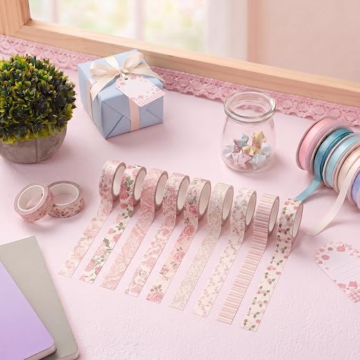 Gueevin 24 Rolls Floral Washi Tapes Set Scrapbook Supplies, Pink Floral | 15 mm Watercolor Flower Washi Tapes, Back to School DIY Craft Arts, Junk Journaling Planner Gift Wrapping Supplies
