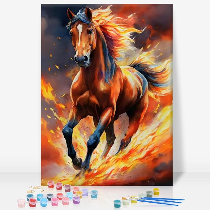 GEEHEIY Framed Paint by Numbers Kit for Adults, Running Horse, 8X 12 Inch | DIY Adult Paint by Number Kit for Beginners, Horse Wall Decor, Stress Relief Craft Gift, Creative Hobby