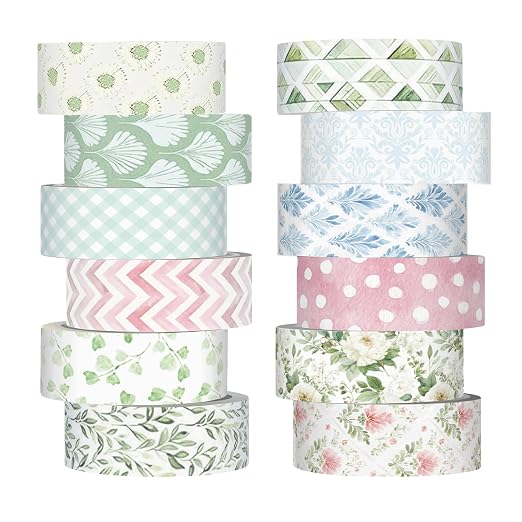 12 Rolls Floral Washi Tape Set,Watercolor,Garden | Watercolor Flowers Design for Scrapbook Journal DIY Craft School Supplies, 15 mm Vintage Decorative Masking Washi Tapes