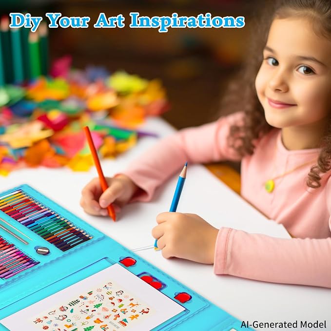 KINSPORY Art Set for Kids, 290 Pack Double-Side Easel Drawing Kits (Blue)