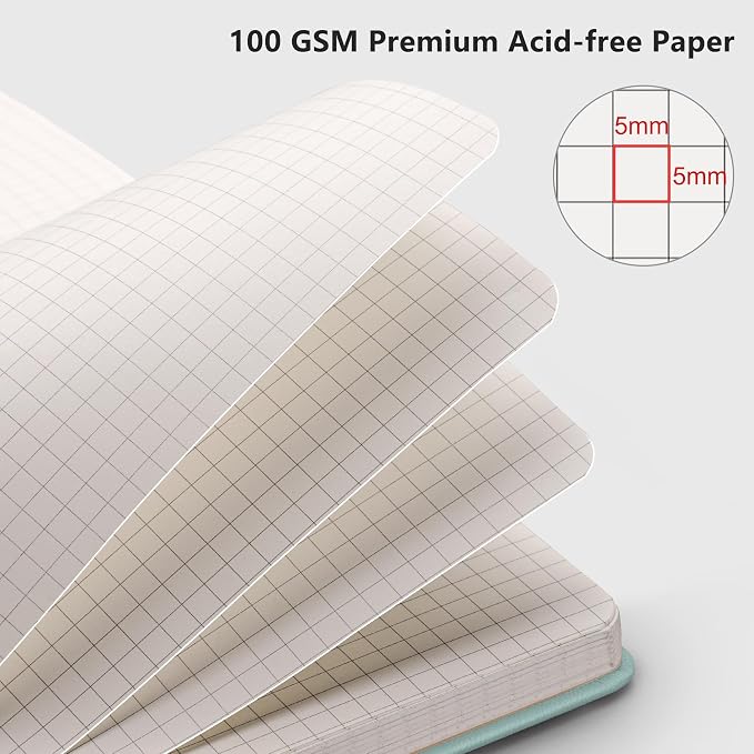 RETTACY Graph Grid Paper Notebook, 192 Pages, A5 Size (5.7'' x 8.3'') | 5 Squares per Inch, Leather Hardcover, 100 GSM Thick Paper, for School, Students, Math, Engineering (Blue-gray)