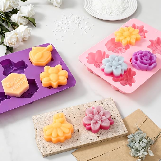 SJ Bee & Flower Silicone Mold Set, 2-Pack 6-Cavity Soap & Craft Molds | For Crafts, Soap Making, Plaster, Wax Melts & Resin, Food Grade Silicone, Easy Release, Reusable