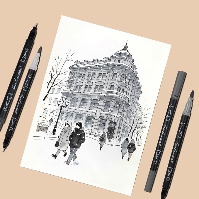 LIULIUCAI 10 Gray Dual Markers, Fine & Brush Tip Pen for Adult Coloring