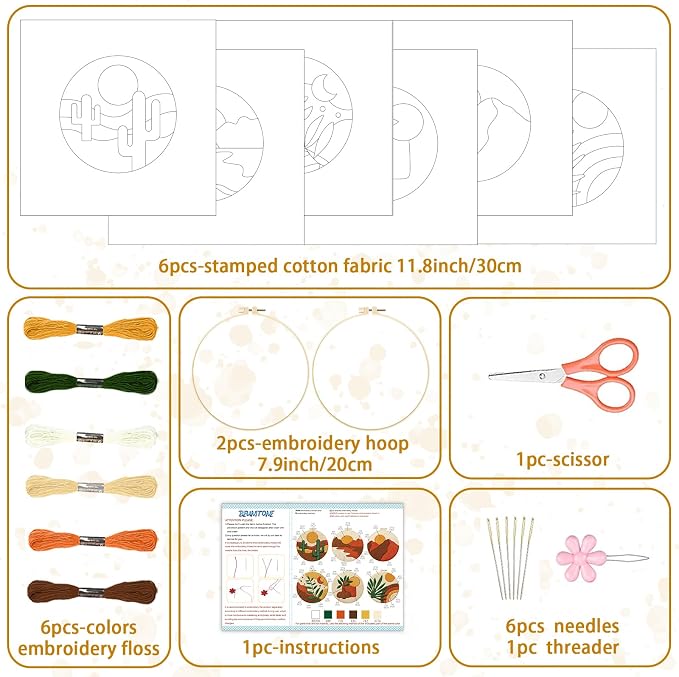 BEUNITONE 6 Set Bohemian Starter Embroidery Kit with Pre-Stamped Pattern