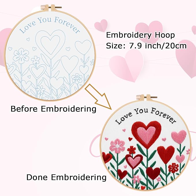 Nuberlic Valentine Embroidery Kit for Beginners Adults | Heart Floral Design Starter Cross Stitch Kit DIY Needlepoint with Hoop, Pre-Printed Fabric, Threads & Step-by-Step Guide