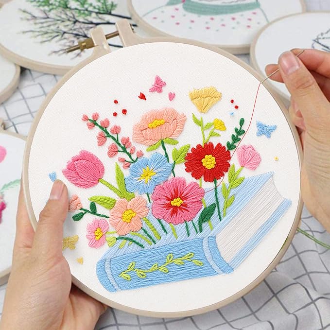 Louise Maelys Floral & Book Embroidery Kit for Beginners DIY Craft Kit | Complete Needlepoint Kit with Embroidery Hoop, Printed Fabric, Color Threads, Needles and Instruction for Easy Hand Stitching