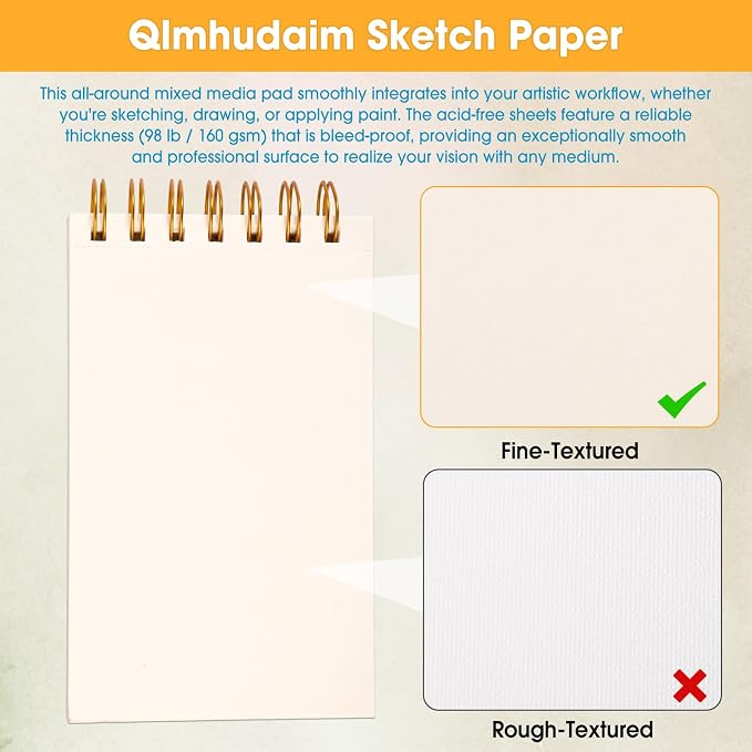 Qlmhudaim Mixed Media Sketchbook, 5"x7.5", 60 Sheets 160gsm/98lb Acid-Free Paper, Spiral Bound Sketch pad for Crayon, Marker, Color Pencil & Sketching,Multi-Medium Art Notebook for Beginners, Teens.