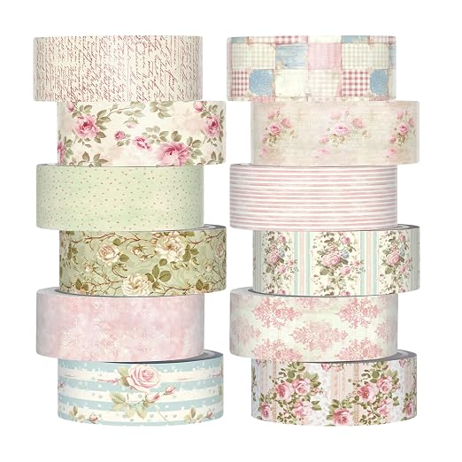 12 Rolls Floral Washi Tape Set,Vintage Pink,Cottagecore | Watercolor Flowers Design for Scrapbook Journal DIY Craft School Supplies, 15 mm Vintage Decorative Masking Washi Tapes