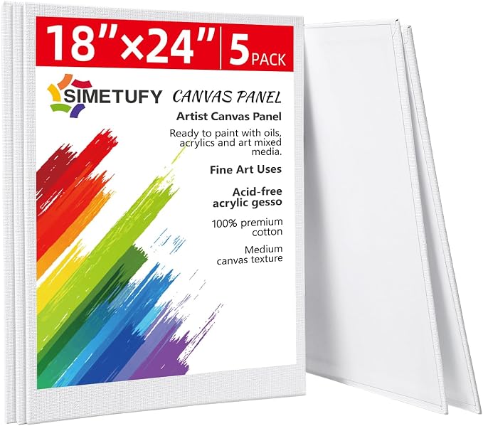 Simetufy 18 x 24 inch 5 Pcs Large Canvas Panels, Flat Painting Boards | Gesso Primed Acid-Free 100% Cotton for Acrylics Oil Watercolor Tempera Paints