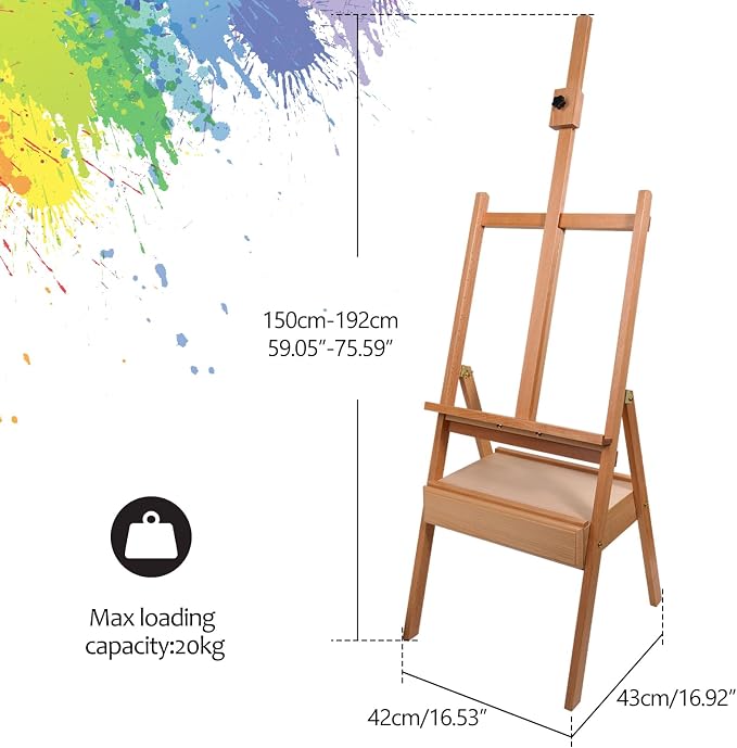 Beech Wood H-Frame Easel, 59"–75" Adjustable Height Studio Easel with Drawer & Shelf, 41" Canvas Holder 20KG Load, Heavy Duty Art Easel for Adults Artists Students Painting Display