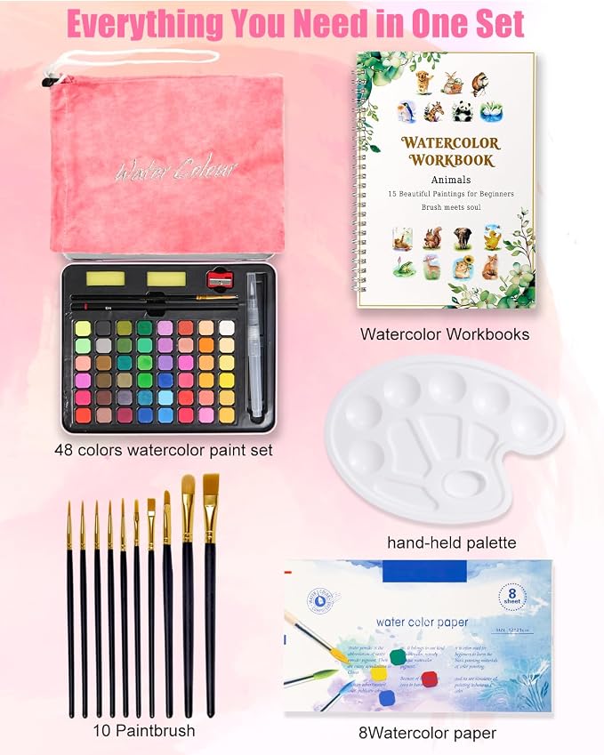 48 Colors Watercolor Paint Set for Adult Beginner with Watercolor Workbook