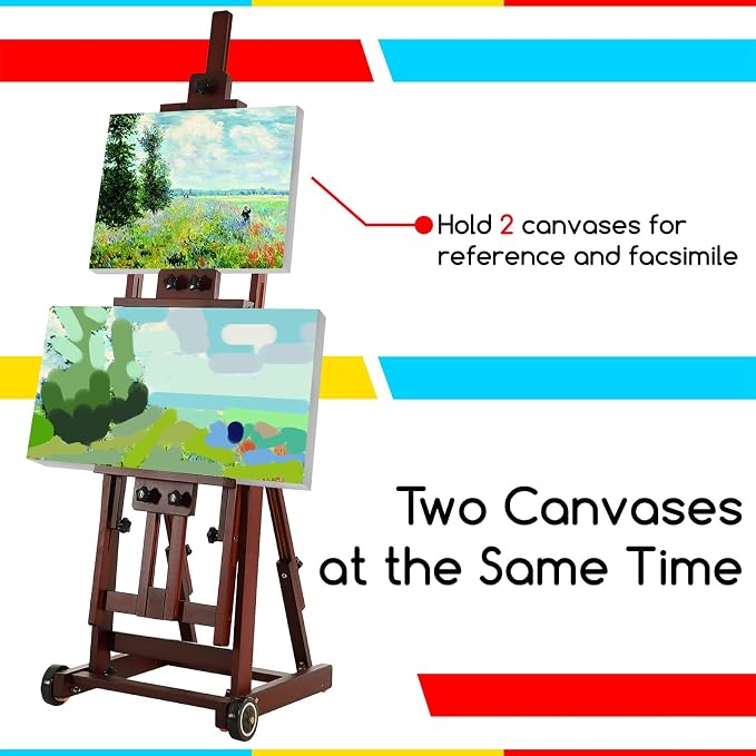 MEEDEN Multi-Function Art Studio Easel: Holds Canvas up to 77" for Artist | Solid Beech Wood Easel with Wheels, Movable and Tilting Flat Adjustable H-Frame Floor Easel for Adults Painting, Deep Walnut