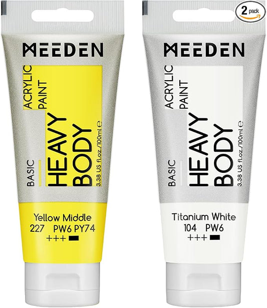 MEEDEN Acrylic Paint Yellow Middle: 100ml/3.38oz x 2 with Titanium White | Heavy Body Artist Acrylic Paint Set for Canvas, Wood & Craft, Non-toxic Creamy Art Paint with Titanium White for Mixing