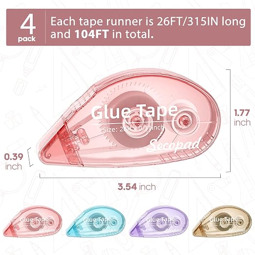 Secopad 4 Pack Scrapbook Tape, Double Sided Tape Roller for Crafts, Adhesive Glue Runner for Scrapbooking Journal Supplies, Glue Roller for School Office, 0.3IN x 26FT, Light-Colored Shell