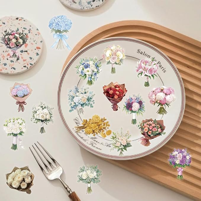50Pcs Transparent Flower Bouquet Sticker Waterproof Vinyl Aesthetic Clear Floral Stickers for Scrapbooks,Laptops, Water Bottles Journals Girls Teens Adults Teachers Collectors DIY Lovers(Bouquet)