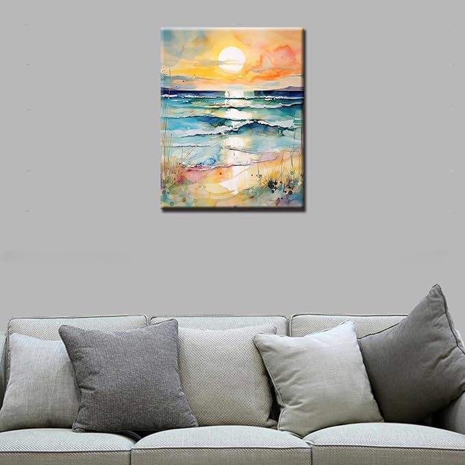 Sea Sunset Abstract Beach View Oil Painting Paint by Number Kits 16 x 20 inch Canvas Graffiti Beach Scenery DIY Painting for Kids Students Adults Beginner with Brushes Acrylic Pigment (DIY Frame)