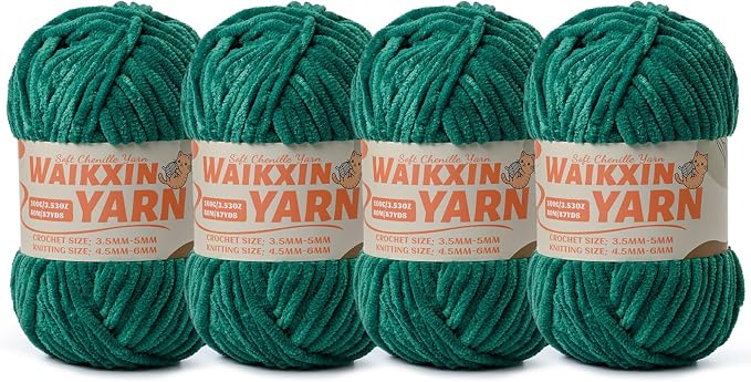 （4 Green） 4 Pack Super Soft Fuzzy Chenille Chunky Yarn for Crocheting, 400g (350yds) Velvet Fluffy Amigurumi Yarn for Hand Knitting Baby Blankets Weaving Craft