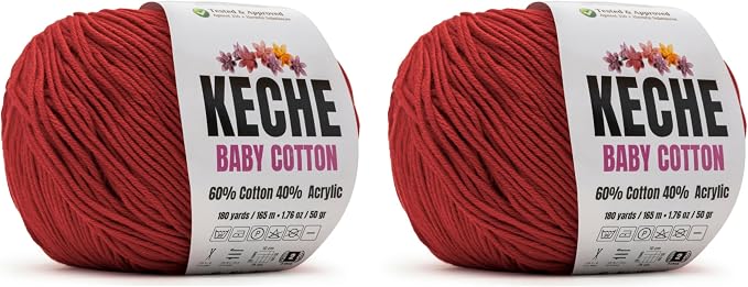 Keche Baby Cotton, 60% Cotton 40% Acrylic Yarn, Soft Cotton Yarn for Crochet and Knitting, Amigurumi Yarn 4 Skeins/Balls [1.76 Oz (50g) / 180 Yrds (165m)] x 2 RED