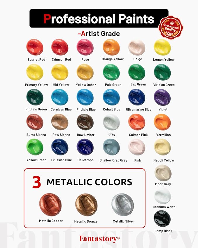 Fantastory 36ml 36 Colors Acrylic Paint Set with 10 Brushes | Excellent Coverage, High Light Fastness, Waterproof, Includes Extra White & Gold, for Canvas, Wood, Ceramics, Models