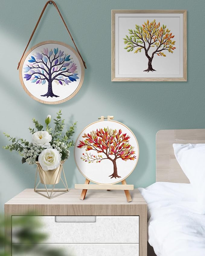 TINDTOP Embroidery Kit for Adult, 3 Pack Embroidery DIY Starter Kit | with Stamped Patterns, Hoop, Tools, Colorful Threads with Needles, Instructions (Color Tree)