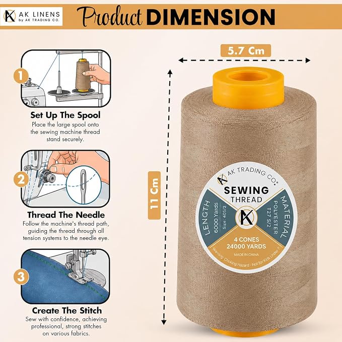AK Trading 4-Pack Camel All Purpose Sewing Thread Cones (6000 Yards Each) of High Tensile Polyester Thread Spools for Sewing, Quilting, Serger Machines, Overlock, Merrow & Hand Embroidery.