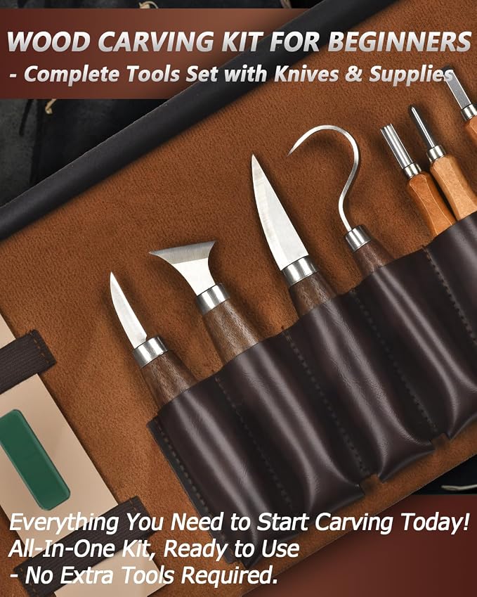 Wood Carving Kit Whittling Kit: Wood Carving Knife Tools with Leather Case | Deluxe Woodworking Hobby Kit for Beginners Adult Kids, Relaxing Creative Projects, DIY Art Craft Gift for Men Teens