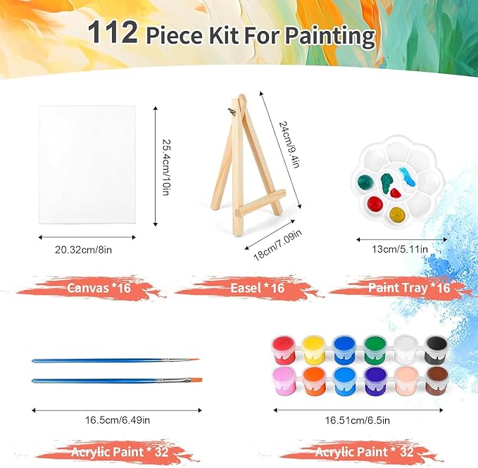 16 Pack 8 * 10In Canvas Boards for Painting, Art Canvas for Drawing with 32 Brushes & 16 Paint Trays & 32 Acrylic Paint, Mini Painting Canvas with Easel Set, Painting Kits for Adults Party