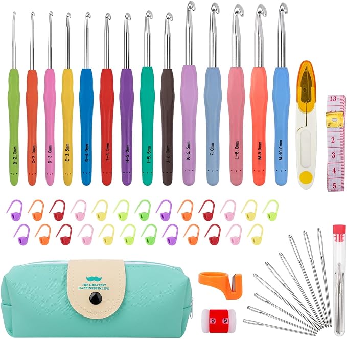Crochet Hooks 14 Sizes Crochet Hook Set, 53 Pack Yarn Crochet Kit for Beginners, Knitting Needles with Ergonomic Handles for Arthritic Hands, Crochet Needle Kit with Blue Case for Crocheters