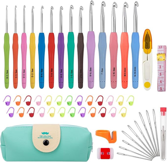 Crochet Hooks 14 Sizes Crochet Hook Set, 53 Pack Yarn Crochet Kit for Beginners, Knitting Needles with Ergonomic Handles for Arthritic Hands, Crochet Needle Kit with Blue Case for Crocheters