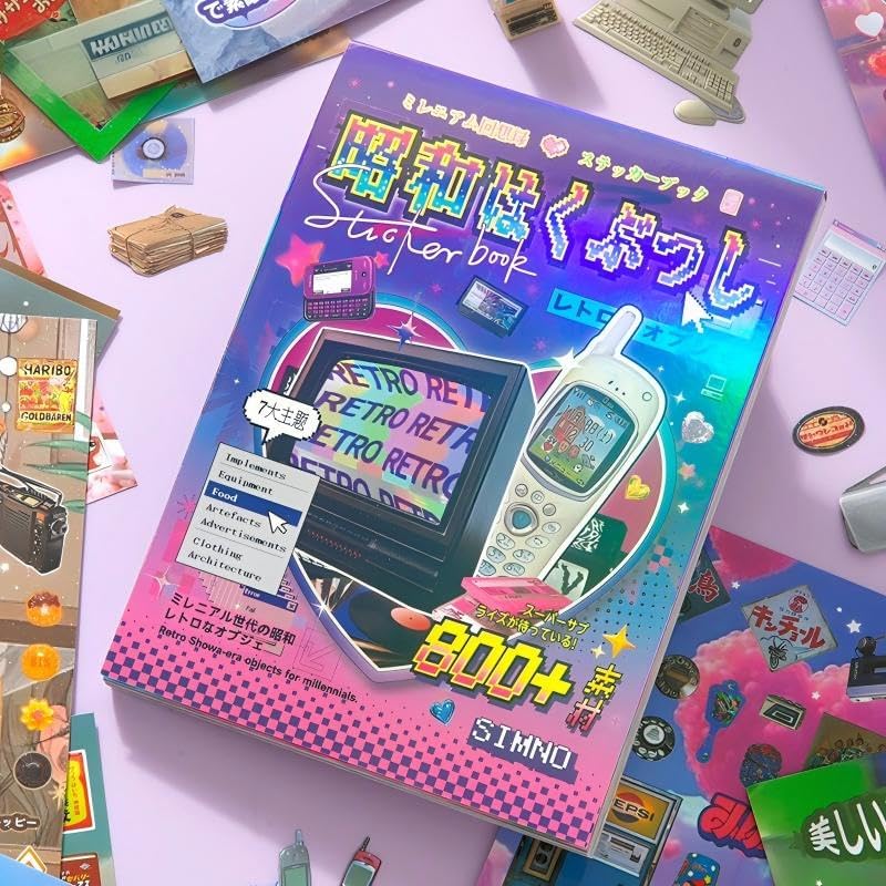 Japanese Retro Sticker Book, 800 Cartoon Stickers Book with Art Coated Paper Creative Activity Stickers for Adults, DIY Scrapbooking Phone Cases Laptops Party Gifts (Y2k)