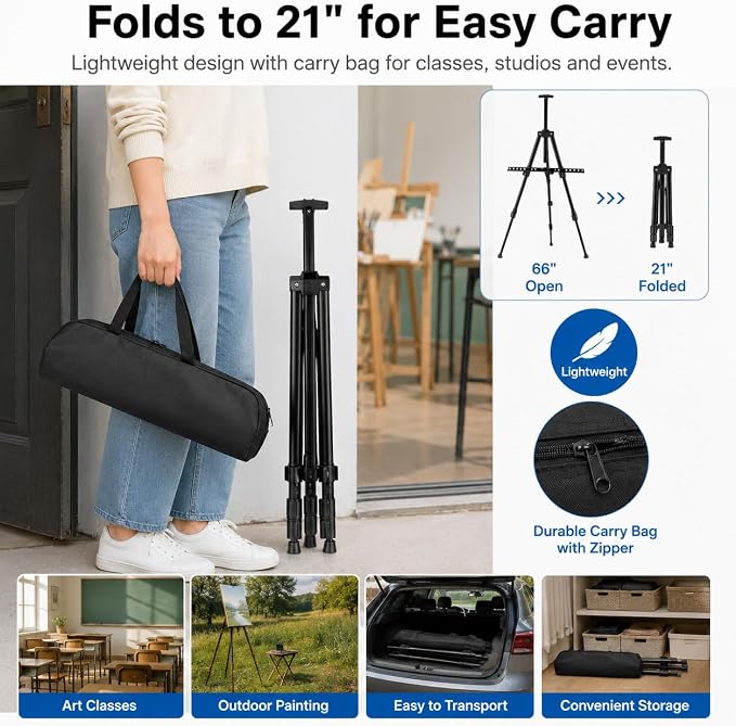 RRFTOK Art Easel Stand, 17-66 in Adjustable Metal Tripod with Bag | Dual-layer supports canvas or signs at two heights; adjusts up to 72 in with spring clip and reinforced chain for stability.